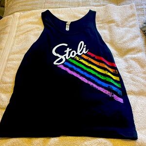 Black tank top with rainbow and stoli on the front